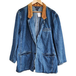 Vintage Baccini Jean Suit Jacket Faux Cheetah Fur Lined Collar Coat XXL